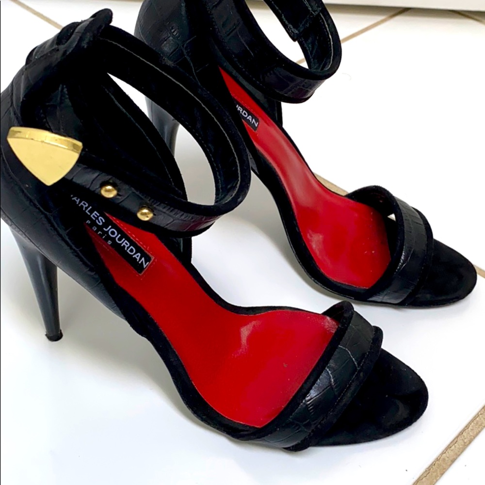 Charles Jourdan holly Croc ankle strap sandals.